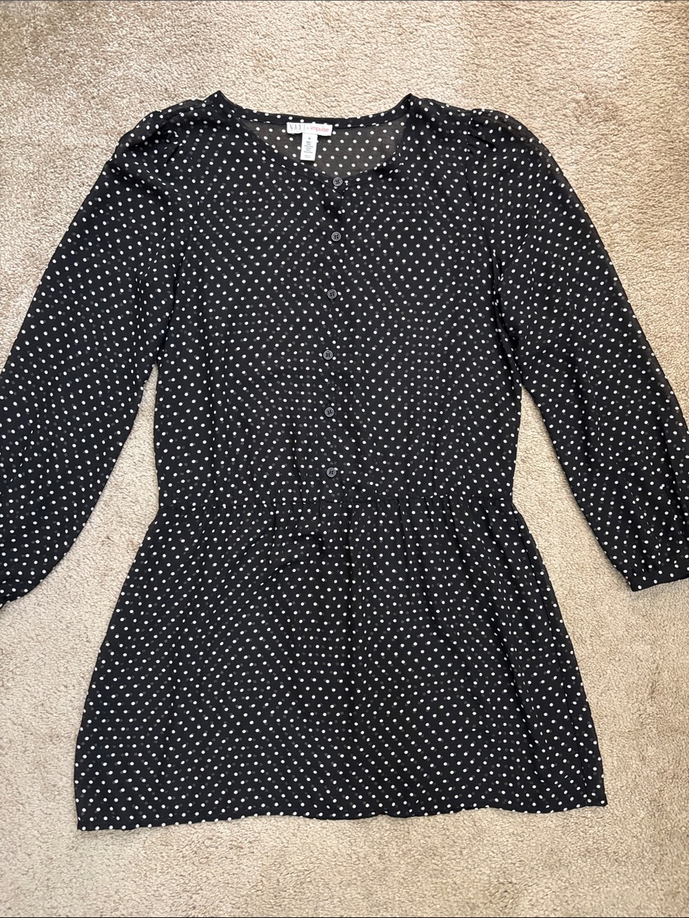 Women’s Sheer Polka Dot Button-Front Black Mini Dress Size M